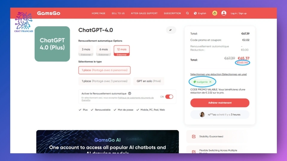 Payer ChatGPT moins cher GamsGo 2
